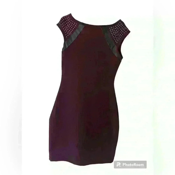 NWT- garnet and black mini dress, cap sleeves, leather and stone accents. XS - Picture 3 of 5